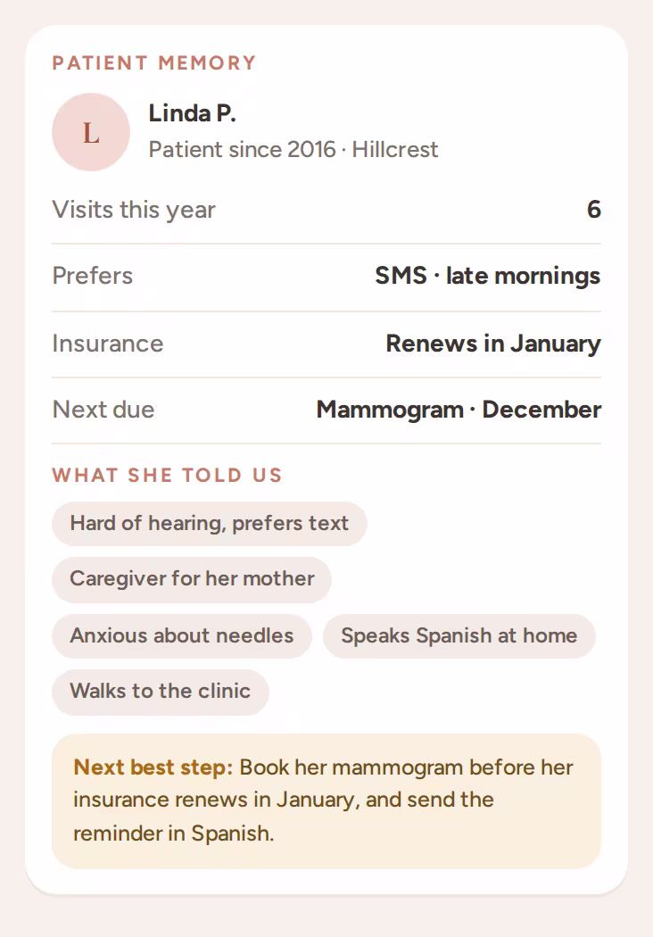 Patient memory card with preferences, care needs, insurance timing and the next best step