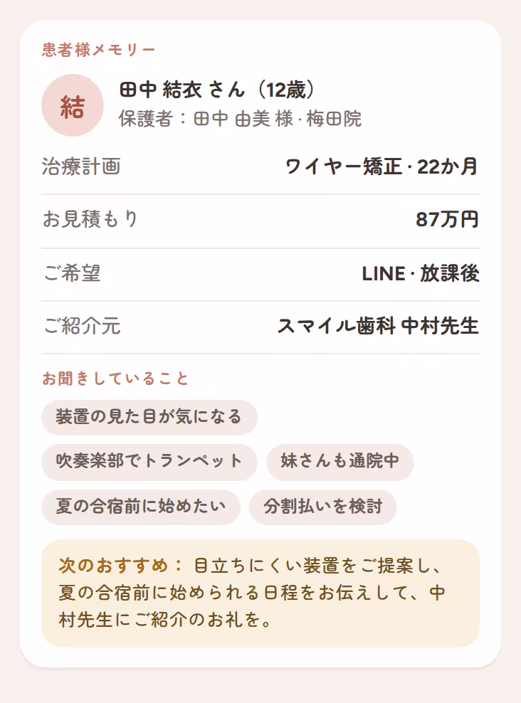 治療計画、お見積もり、ご家族の情報、次のおすすめを表示する患者様メモリーカード