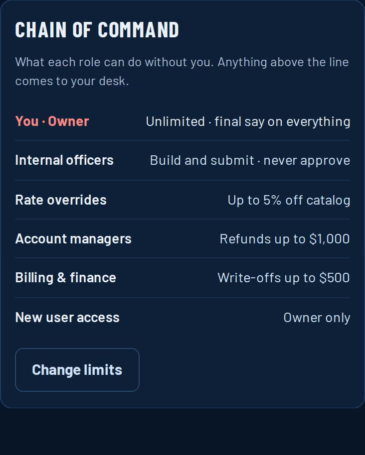 Access and approval limits by role, set by the owner